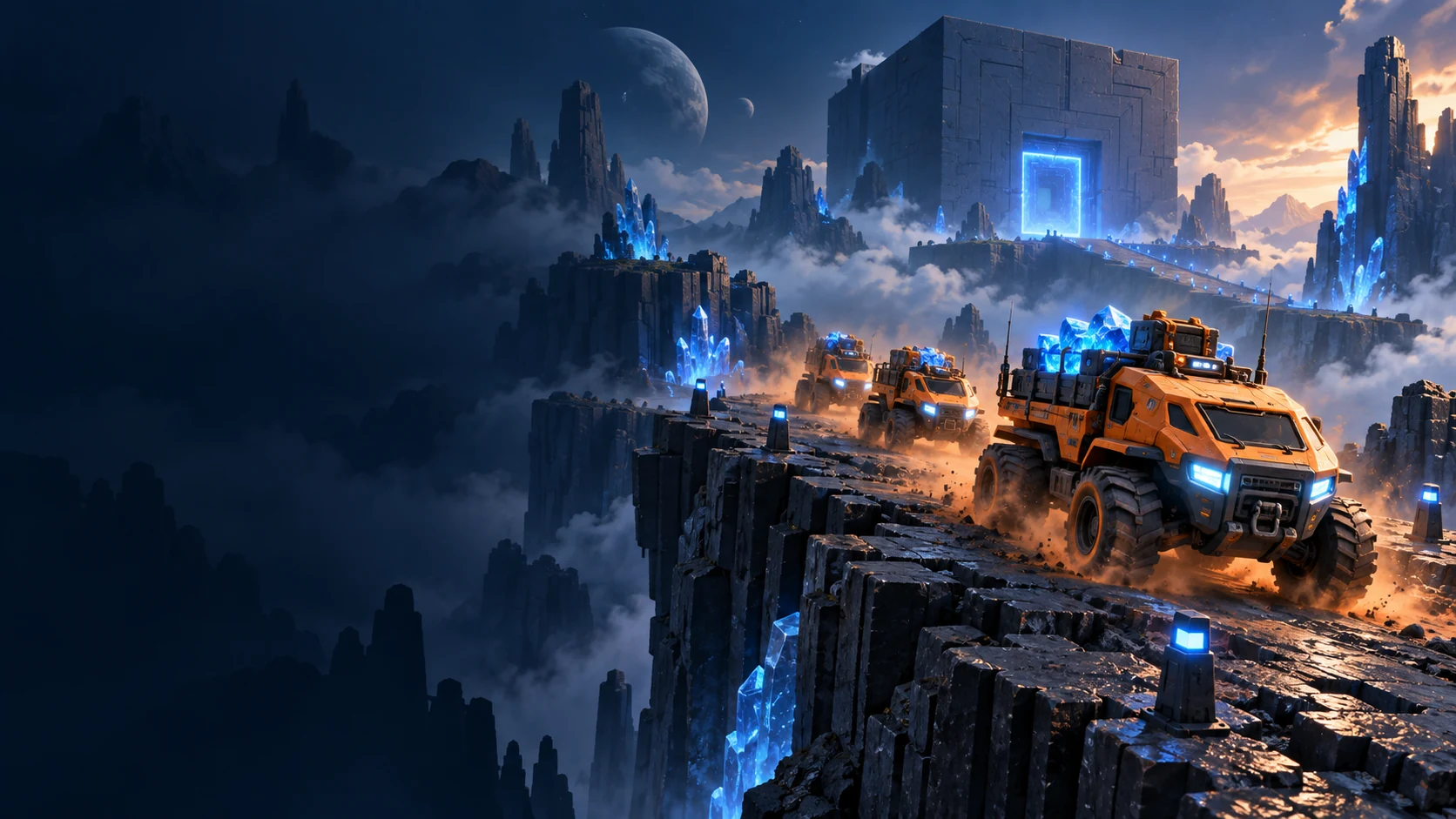 Orange cargo rovers cross a blue crystal canyon toward an ancient vault