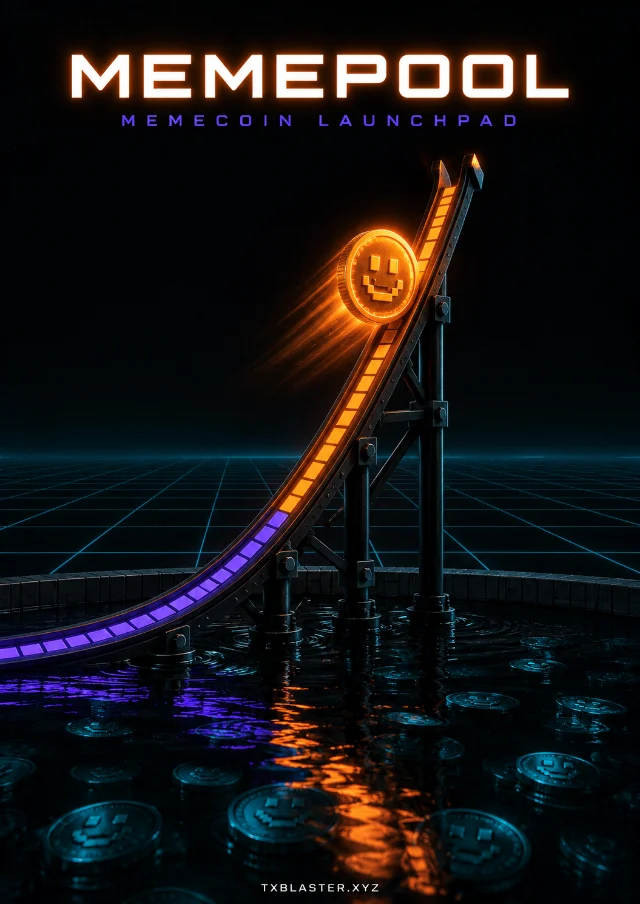 MEMEPOOL — one glowing coin rides a bonding-curve rail out of a black pool of coins