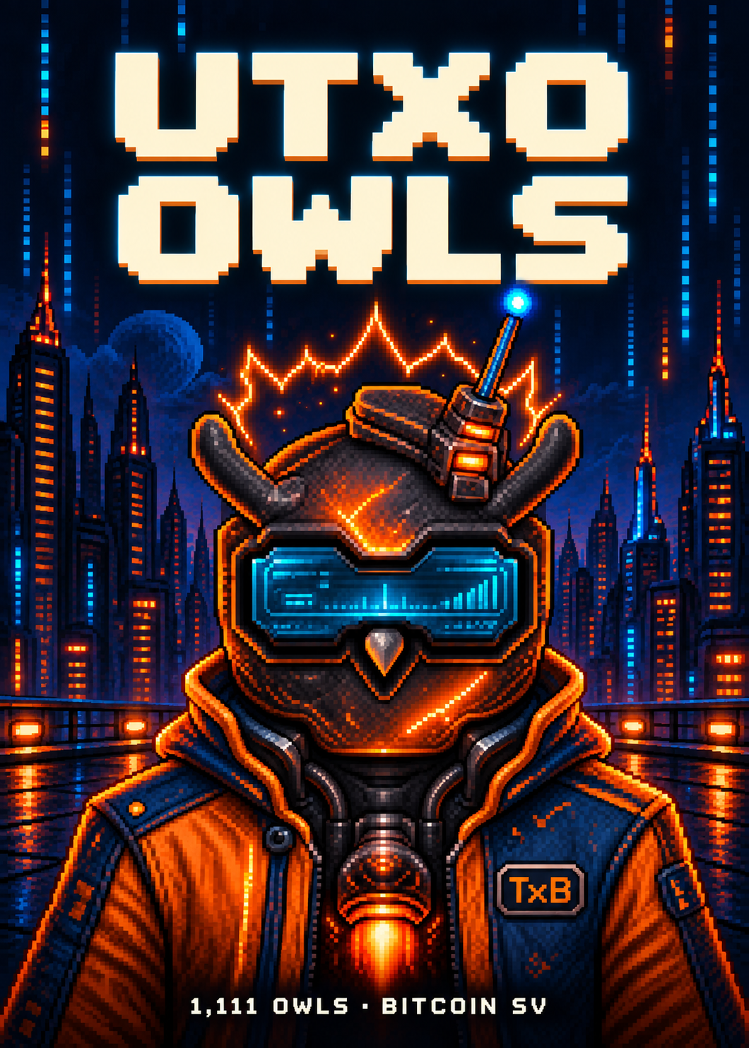 UTXO Owls — orange and blue pixel owl, Bitcoin SV collection