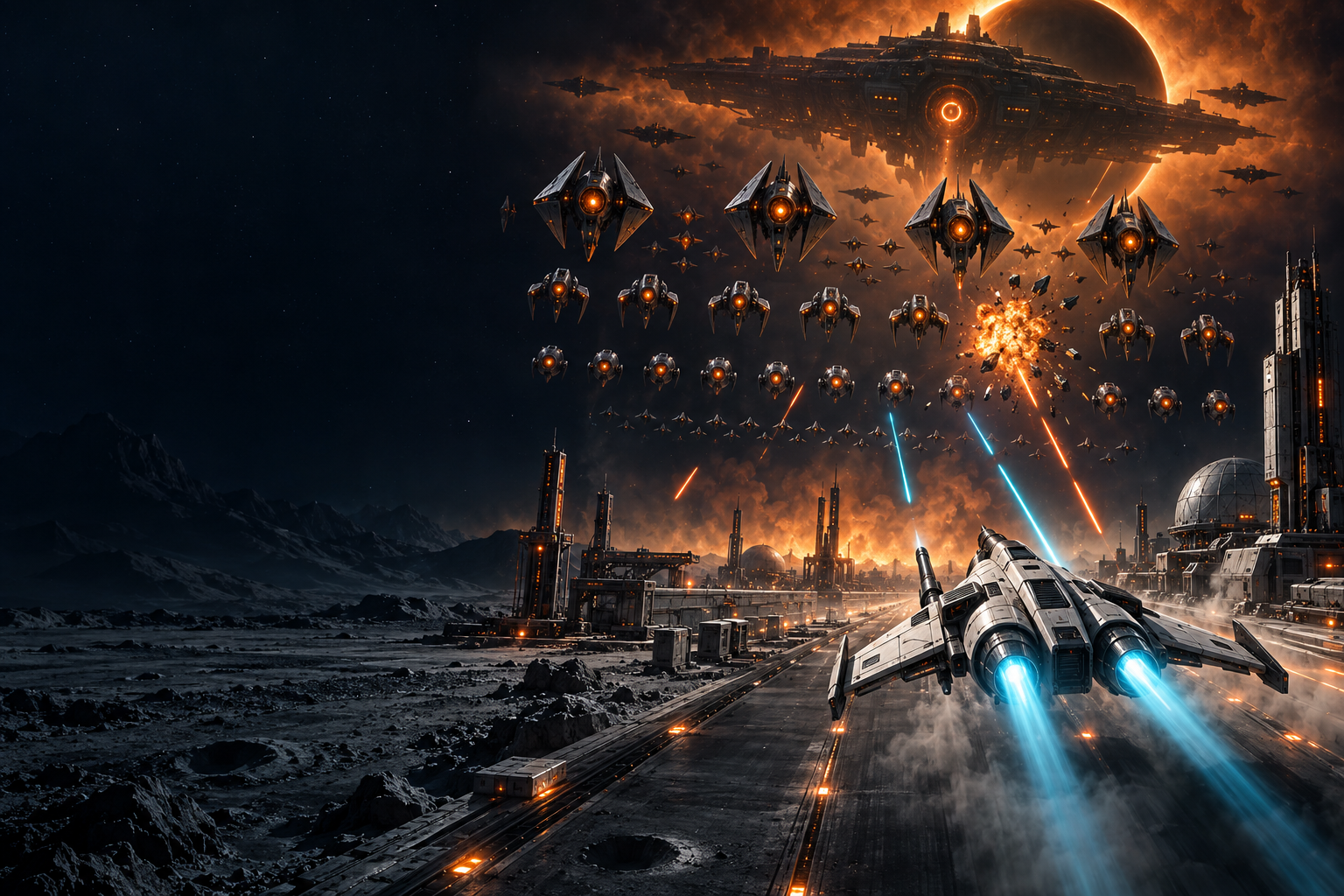 A fleet of alien ships advancing above a defended planet