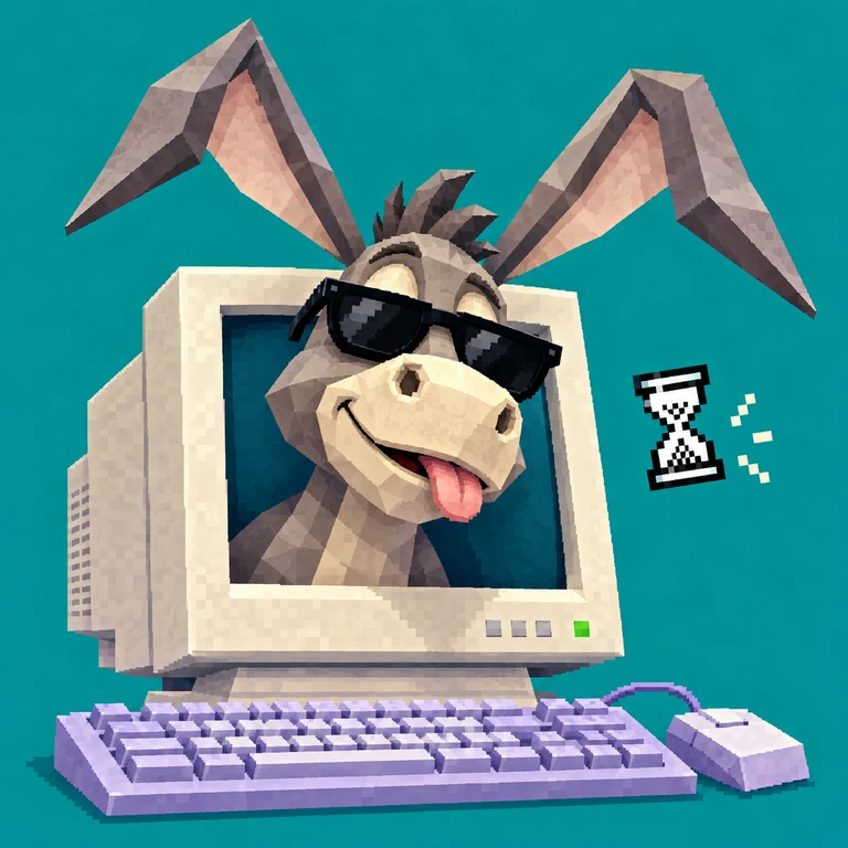 MULE, a donkey with sunglasses, leaning out of an old computer monitor