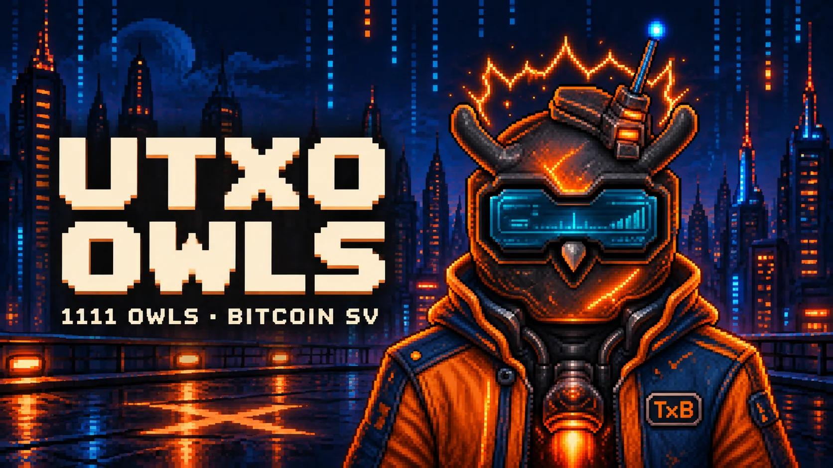 UTXO Owls collection cover featuring a TX Blaster owl in orange and blue