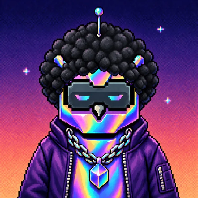 Prismatic Relay owl with an afro, iridescent feathers and a prism chain