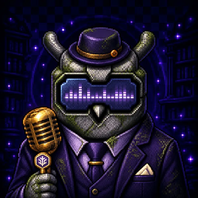 Treechat Midnight Broadcaster owl in a purple suit holding a gold microphone